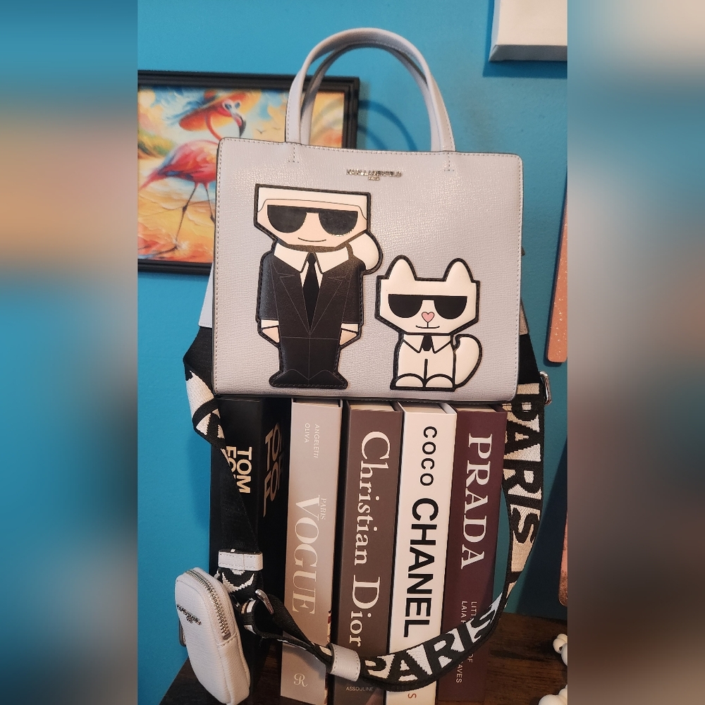 Karl Lagerfeld Ice Blue And Black Backpack with Iconic Karl & Choupette NWT